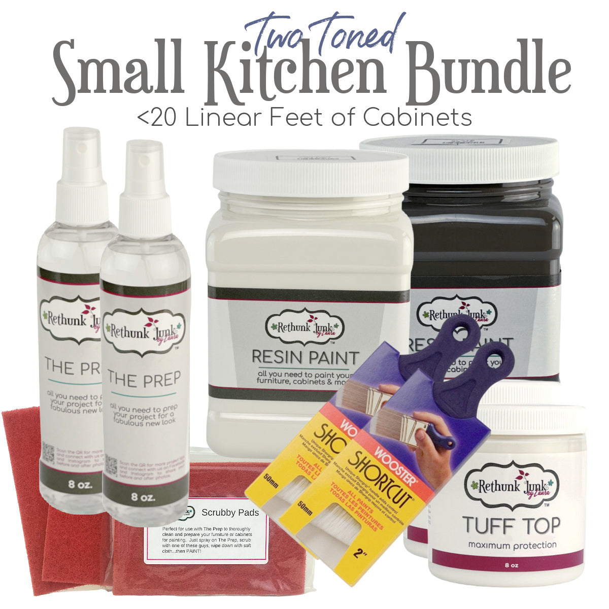 Collection of Rethink Ink kitchen renovation products including spray bottles, jars, and tools on a white background.