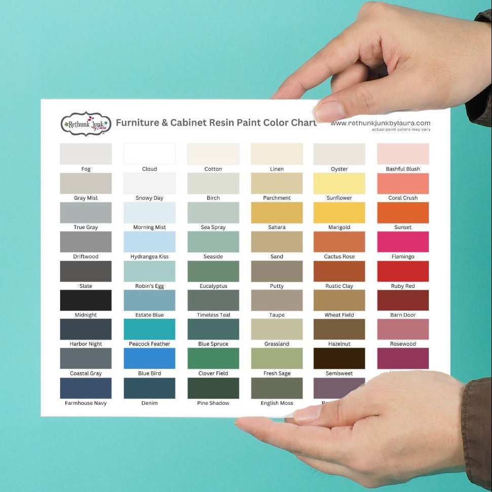 Color chart for furniture and cabinet resin paint held by a person against a teal background