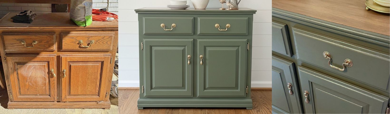 Before and after photos of a cabinet painted with a green color.