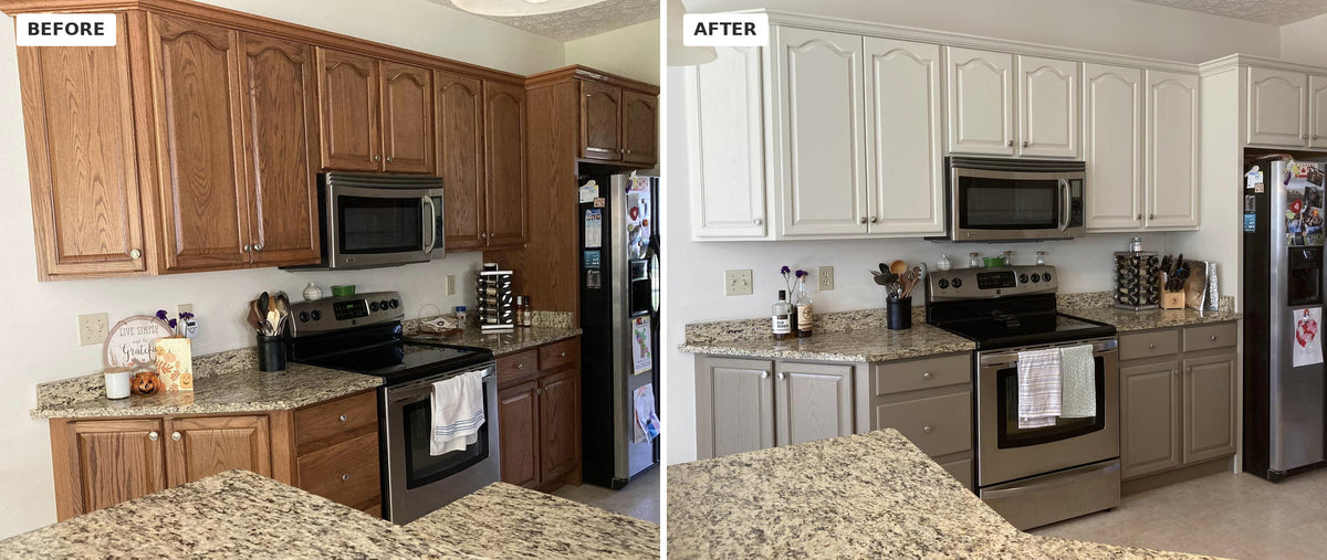 before and after of kitchen makeover featuring Oyster and Putty