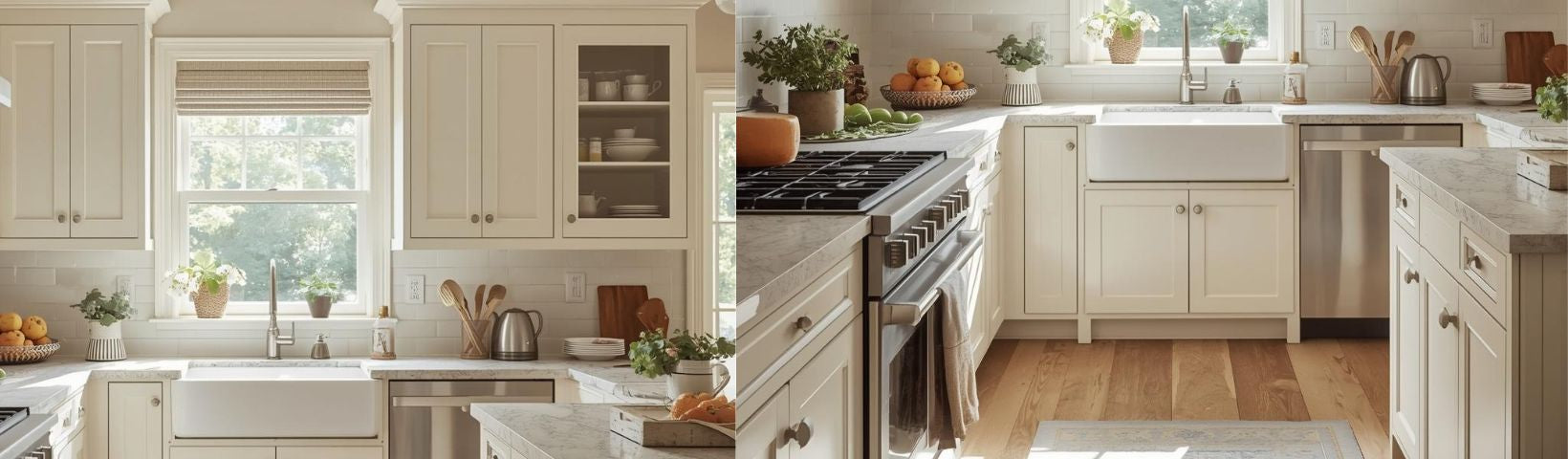 Modern kitchen with white cabinets, stainless steel appliances, and wooden floors.