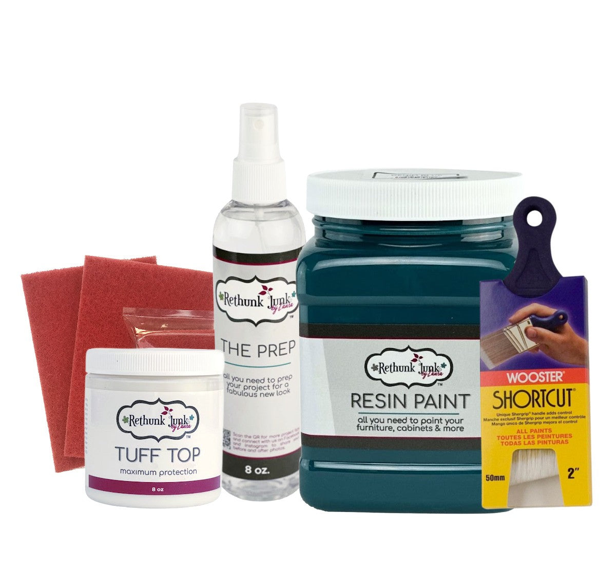 Collection of paint and cleaning products including resin paint, spray bottle, and scrubber on a white background.