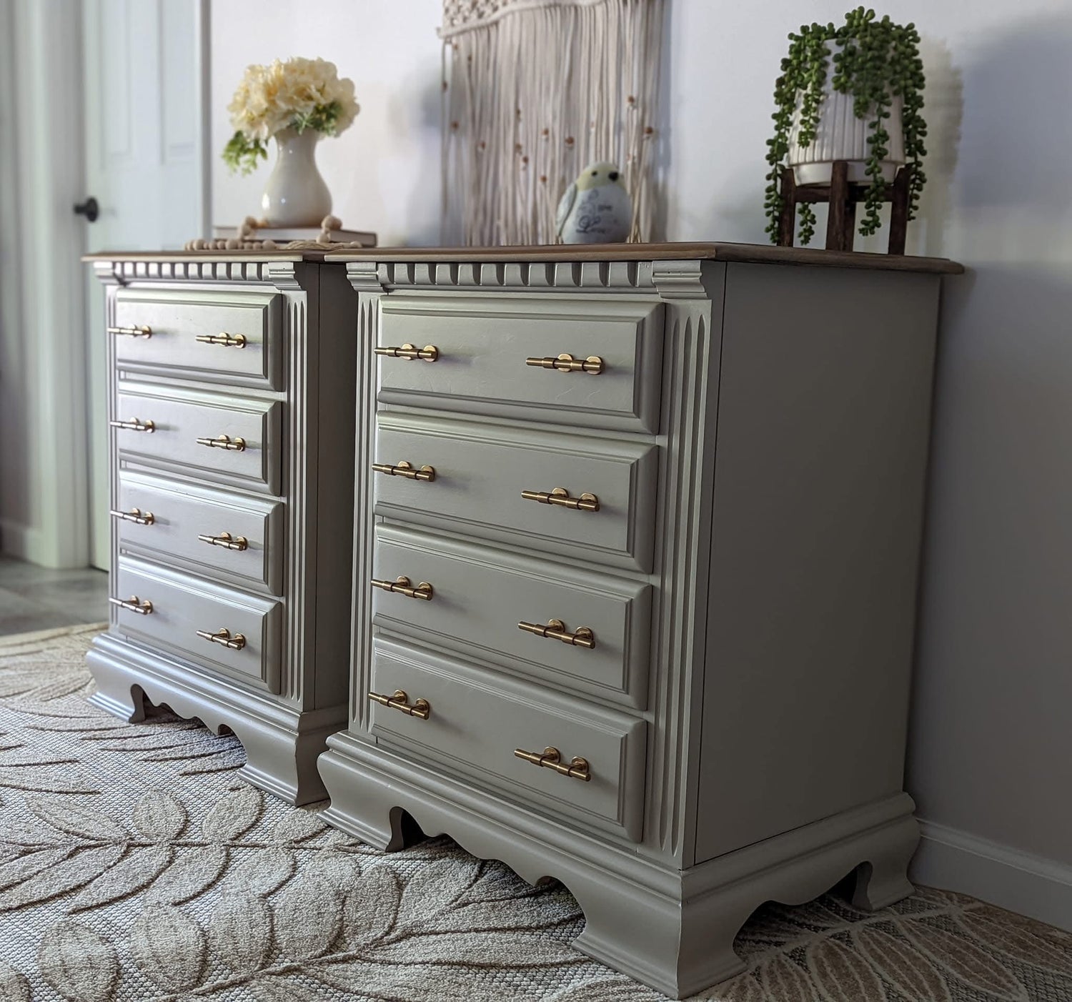 Gray Mist nightstands with gold handles in a room setting