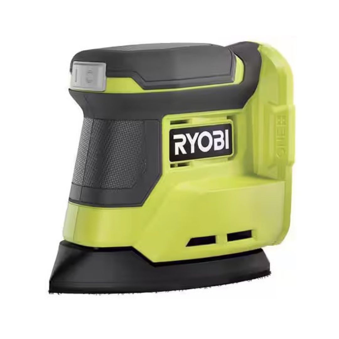 Green and black Ryobi sanding machine on a white background
