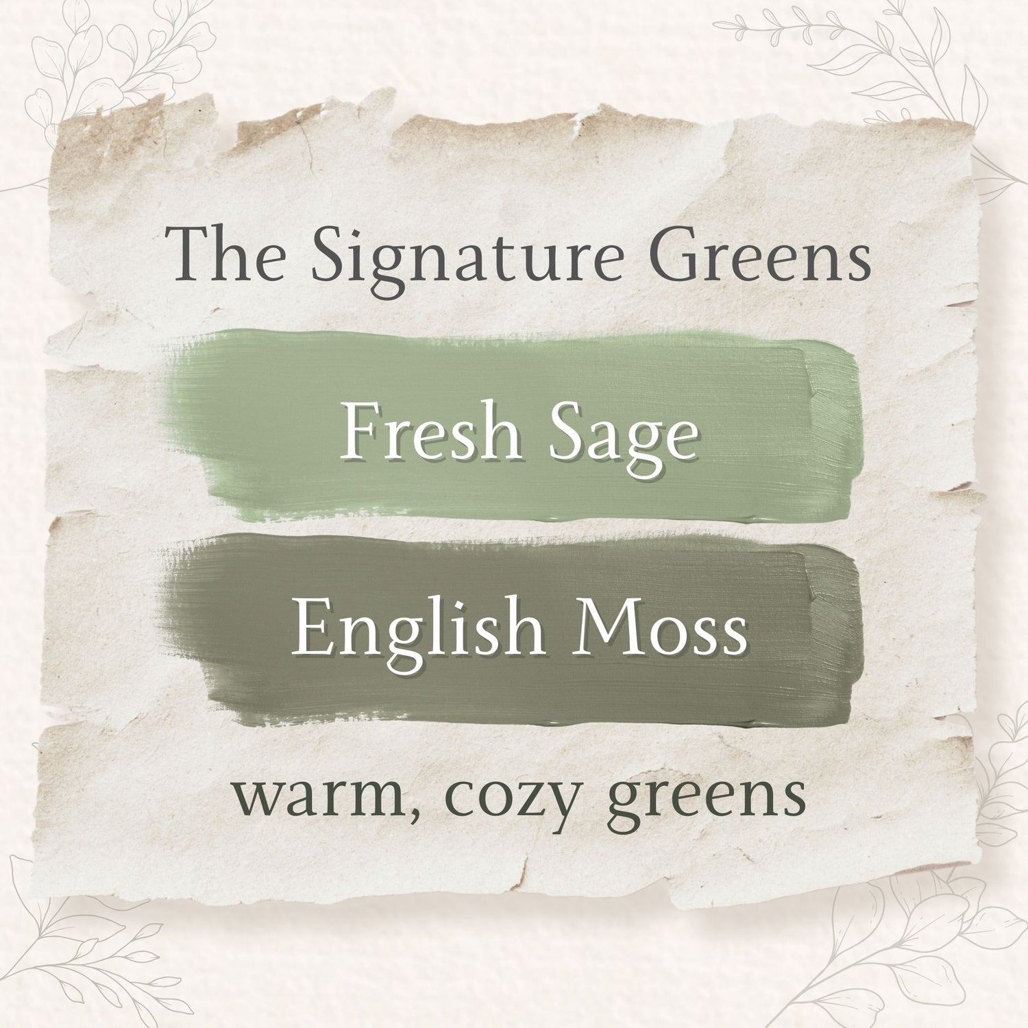 Color swatches labeled 'Fresh Sage' and 'English Moss' on a textured background with decorative elements.