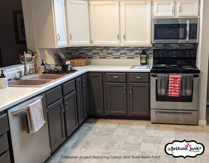 Modern kitchen with gray and white cabinets, stainless steel appliances, and a tiled backsplash.